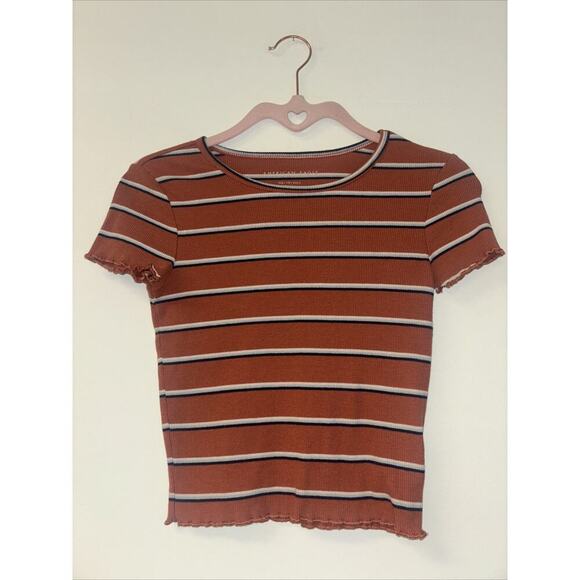 American Eagle Baby Tee Y2K Stripped 90s Stretc Sz Xxs Ribbed Ruffle Hem Bodycon - Picture 1 of 4